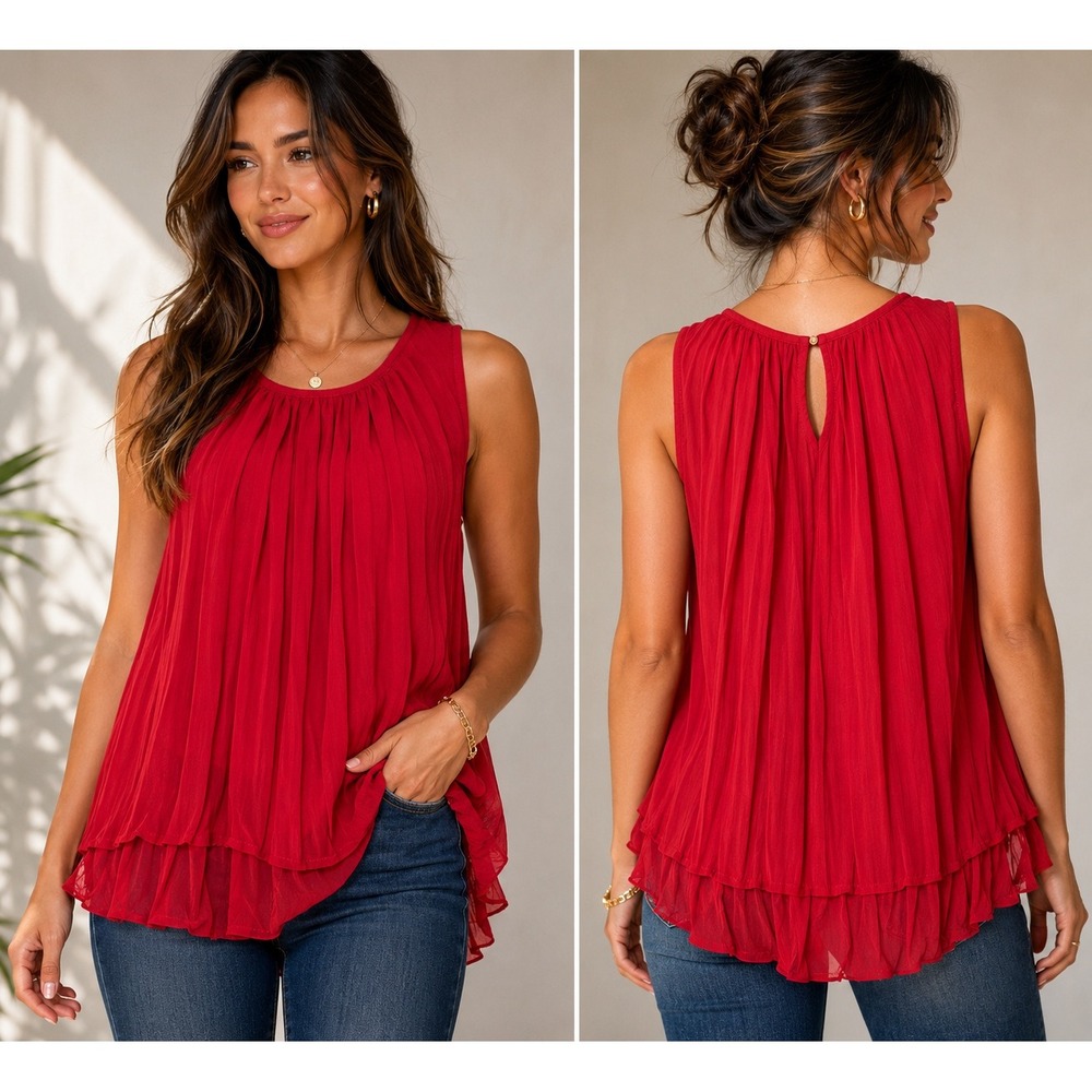 JW Woman Red Pleated Chiffon Sleeveless Blouse Keyhole Back Top Small